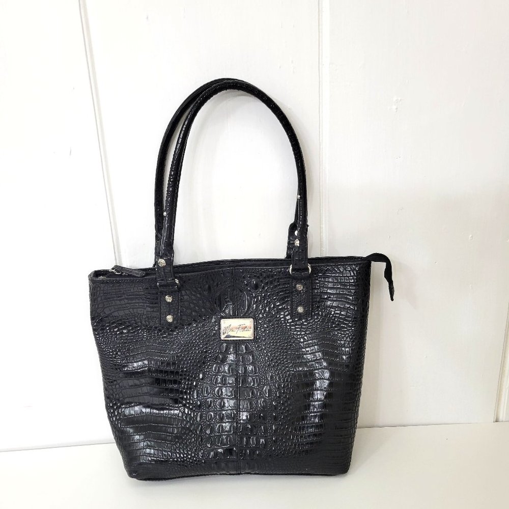 Marc Fisher Black Faux Croc Embossed Purse/Tote - Picture 1 of 7
